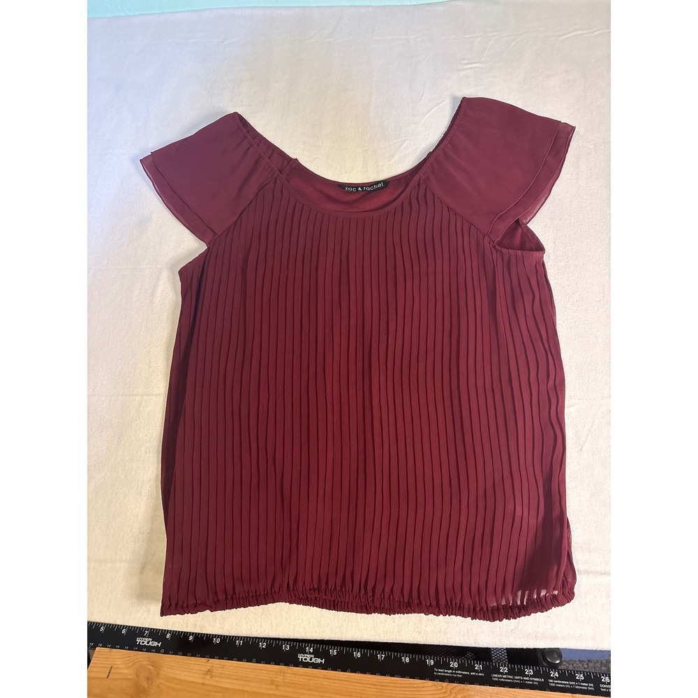 Zac & Rachel Burgundy Pleated Flutter Sleeve Blouse XL Wine Red Chiffon Top 1408